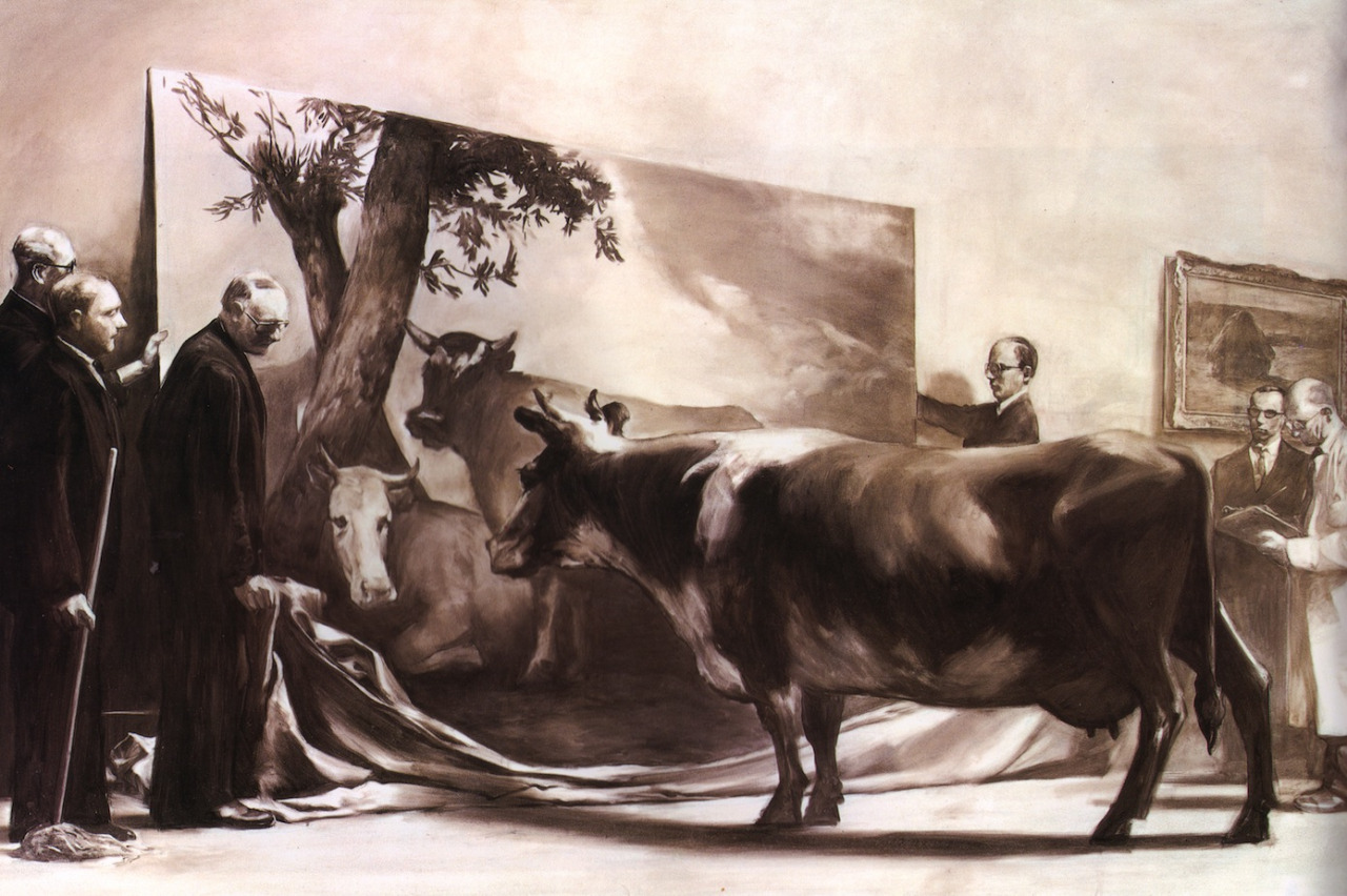 Mark Tansey, The Innocent Eye Test, 1981 (uma vaca a apreciar um Manet)